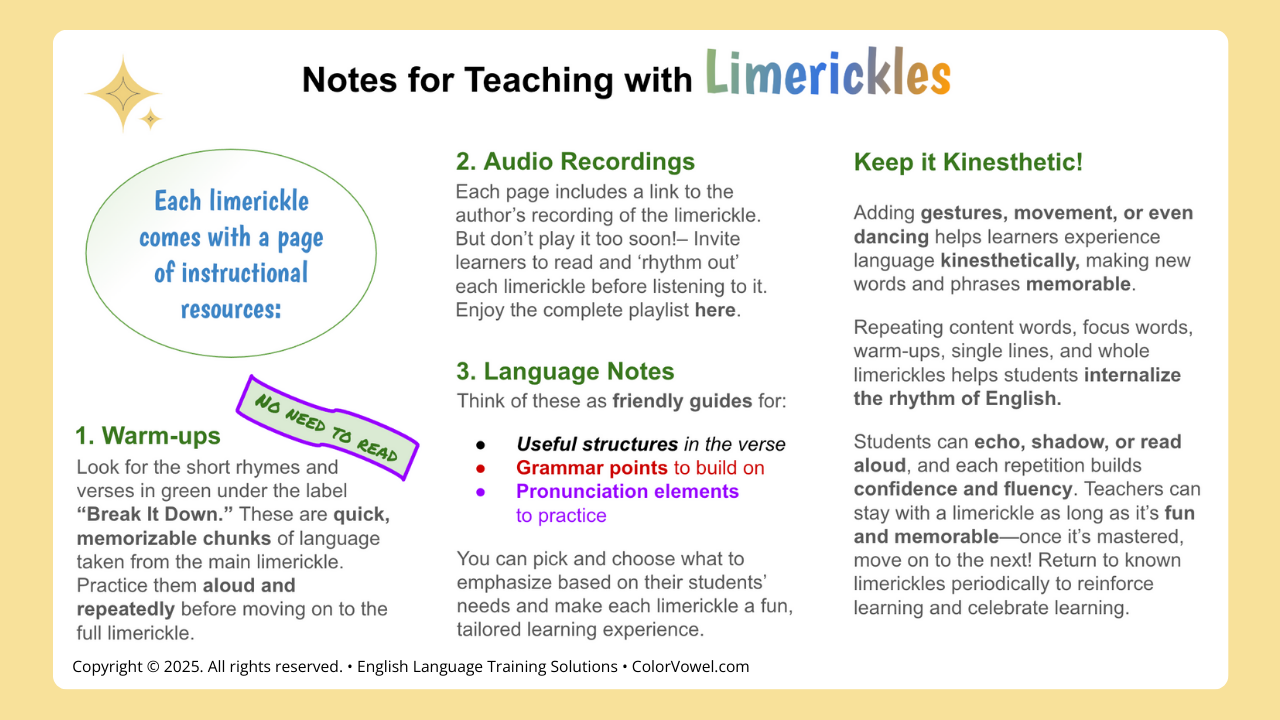 NEW - Color Vowel® Limerickles 5-Chant SAMPLER